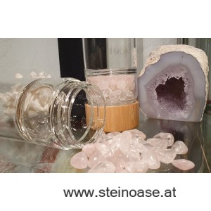 Glasflasche mit Rosenquarz + Bergkristall